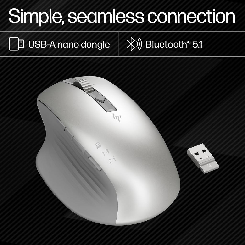 HP 930 Silver Bluetooth Mouse, Rechargeable, USB-C Charging, 3-Device Connection, 4-Way Scroll Wheel, 7 Programmable Buttons, Compatible with Mac,