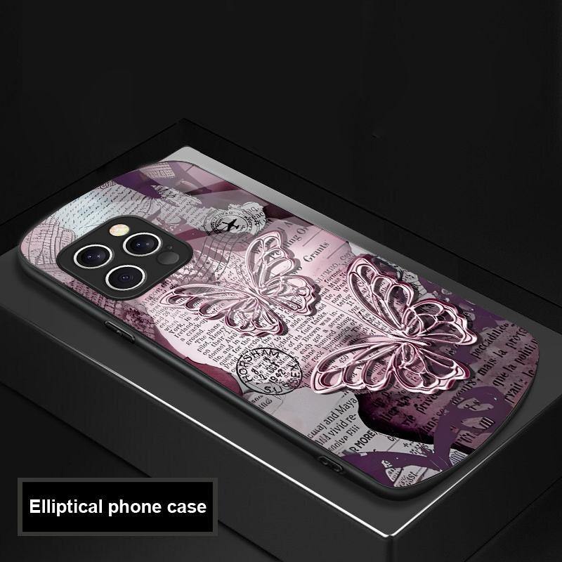 Vintage Butterfly For IPhone 16 Pro Max 15 Pro 14 13 12 Mini 11 XS Max XR 7 8 Plu SE 2022 Elliptical Glass Phone Case