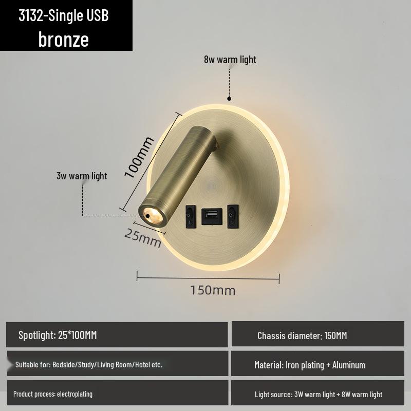 Applique Murale LED Ronde Minimaliste avec Interrupteur et Port de Chargement USB pour Chambre à Coucher Lecture