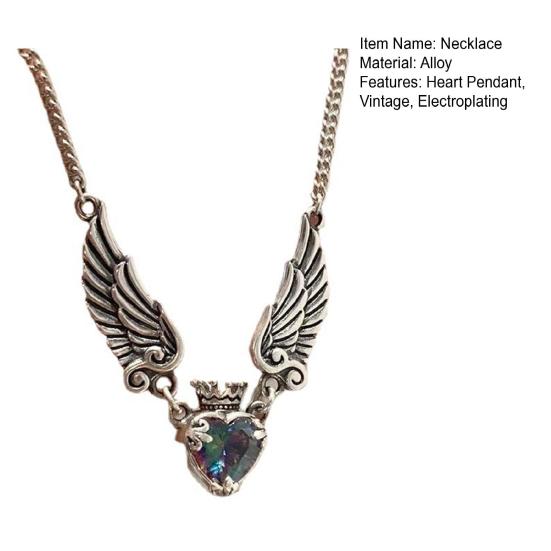 Pendant Necklace Vintage Heart Pendant Geometric Electroplating Faux Crystal Daily Wear Hypoallergenic Angel Wings Pendant Necklace Fashion Jewelry