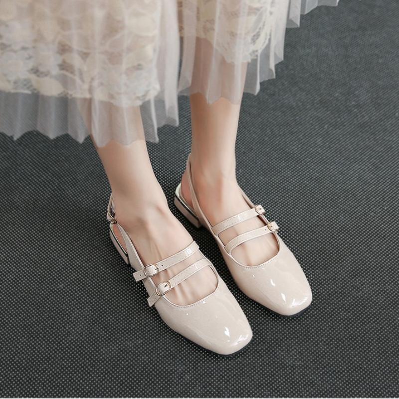 French Vintage Summe Patent Leather Shoes Low Heel Sandals Square Toe Mary Jane High Heels Ladies Double Buckle Elegant Sandals