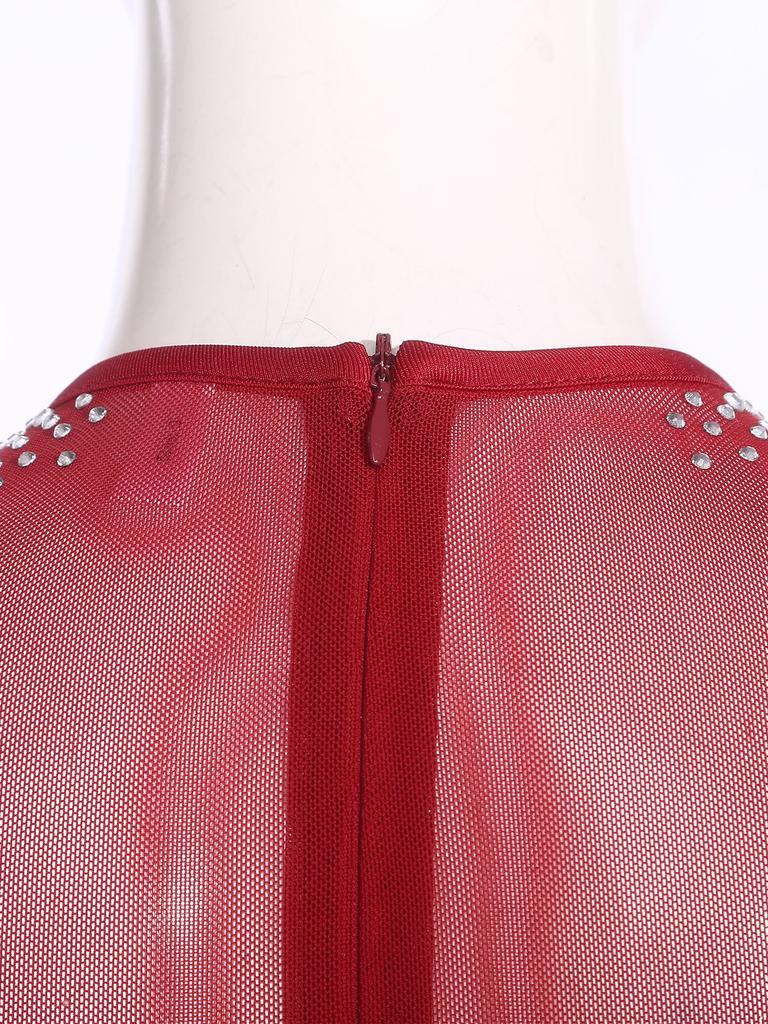 Dámský síťovaný trikot s kamínky Dlouhý rukáv Volánkové lemy Síťovaná sukně Body Šaty Jumpsuit pro krasobruslení