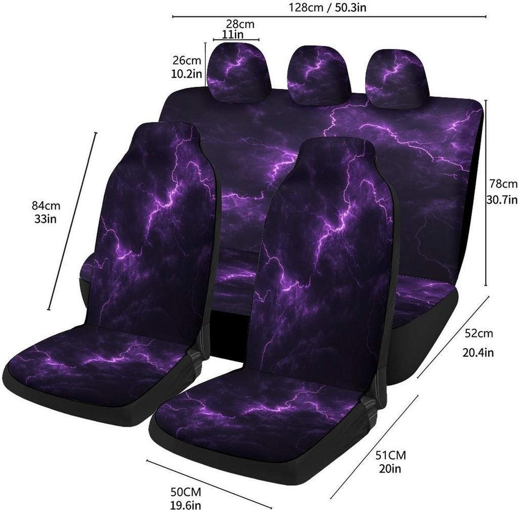 Purple Lightning Storm Designed Car Seat Covers Set For Most Cars, Fashionable Decorative Car Seat Protector Covers Full Set, Un