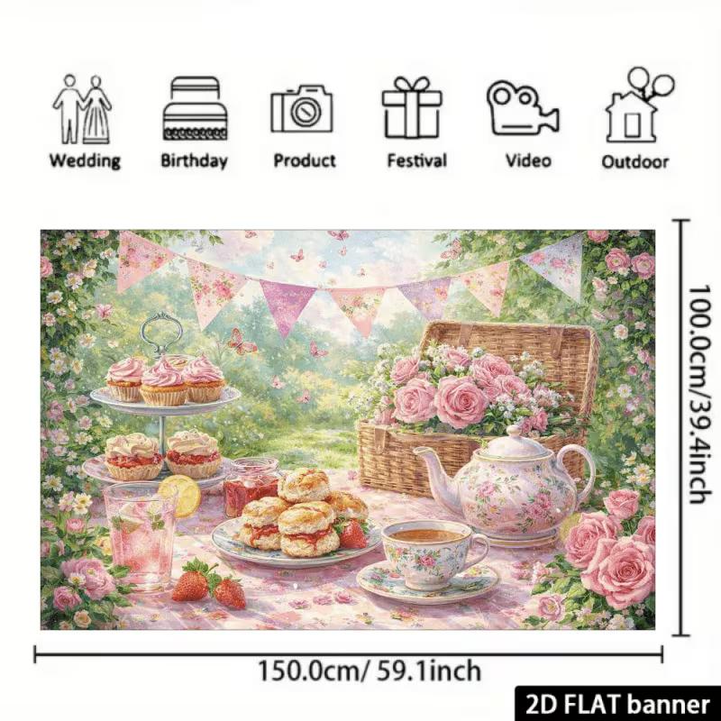2D Afternoon Tea Party Backdrop Floral Teapot Photo Booth Background