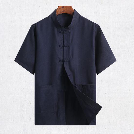 Father Summer Top Solid Color Short Sleeve Buckle Chinese Style Stand Collar Daily Wear Single-breasted Chinese Wear Tai Chi Clothing Male Clothes