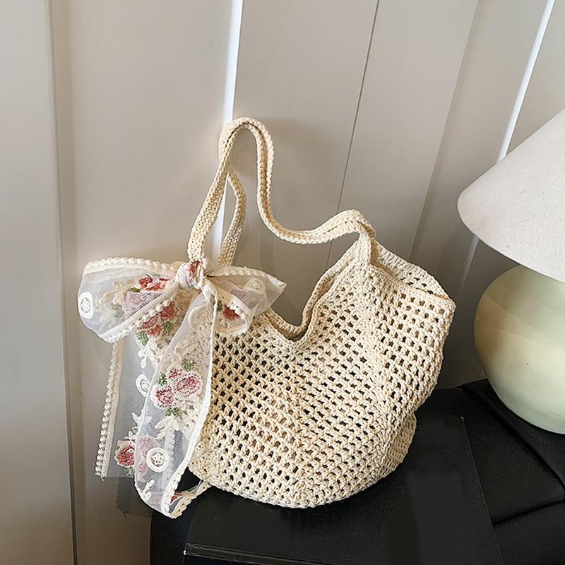 Yogodlns Solid Color Crochet Tote Handbag Summer Beach Scarf Decor Fashion Women's Mesh Woven Shoulder Bags Large Capacity Knitting Underarm Bag
