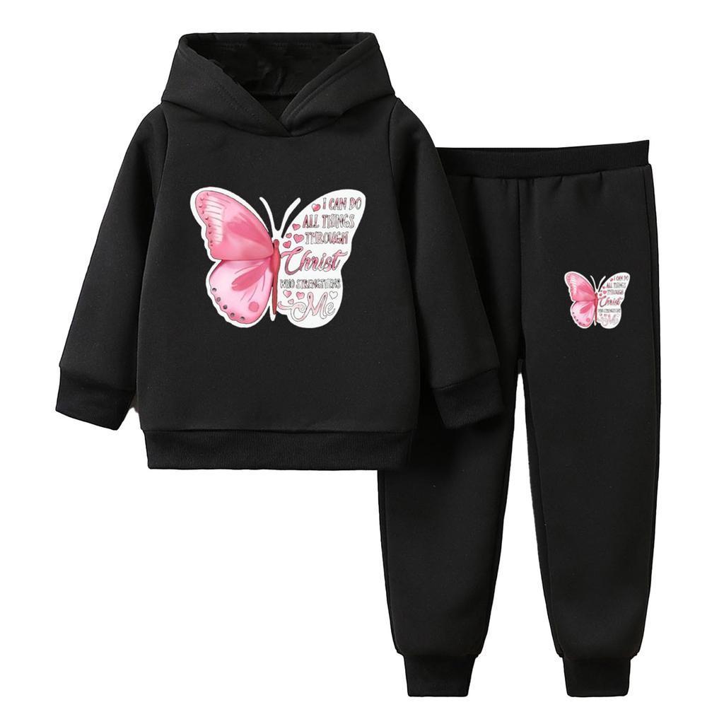 Dziewczęcy Uroczy Dres z Nadrukiem Motyli Podszyty Fleece z Długim Rękawem Bluza z Kapturem Spodnie Dresowe z Elastycznym Pasem Zestaw Sportowy