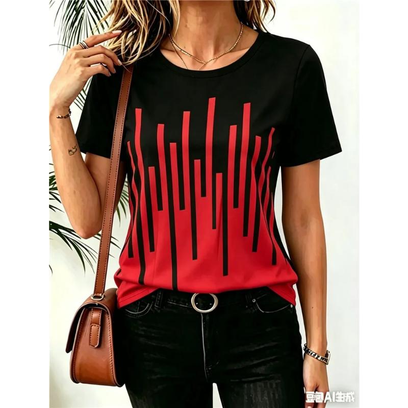 Moda Donna Girocollo Manica Corta Stampa Colore 3D Casual T-shirt Casual a Manica Corta Girocollo