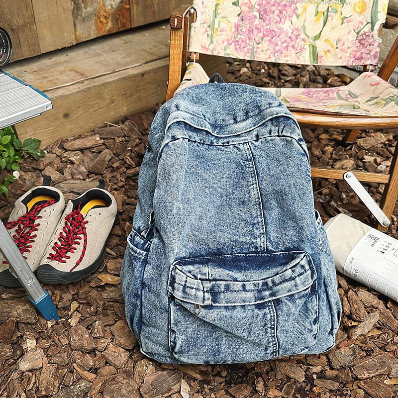 

Denim simple backpack women s retro fashion new student class schoolbag Korean light casual backpack men синій