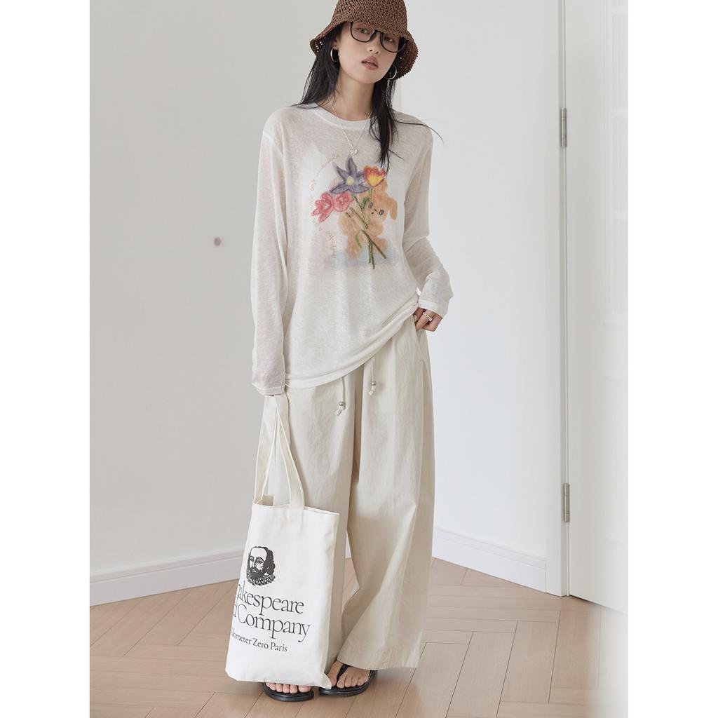 Retro printed Tencel sunscreen shirt women's summer light and slightly transparent long-sleeved T-shirt lazy loose air conditioner blouse white