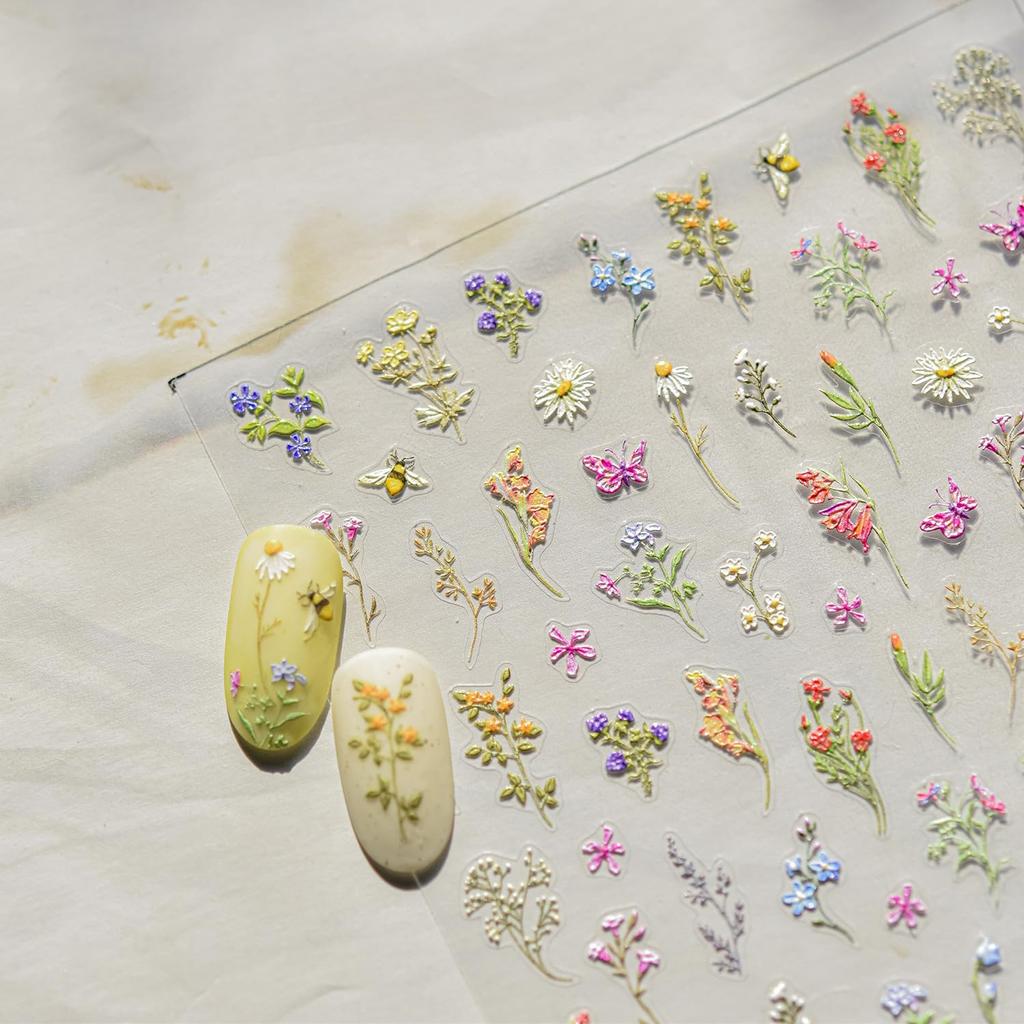 Flower Nail Art Stickers Decals, Spring Flowers Nail Stickers for Nail Art, Floral Plant Nails Design 5D Embossed Nail Decals Flower Stickers for