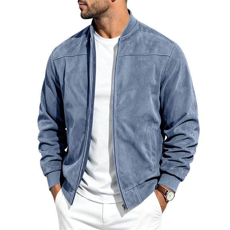 Men Faux Suede Bomber Jacket Zip‑Up Baseball Collar Casual Long Sleeve Outerwear Lightweight Fall Pilot Coat