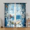 2pc,  Curtain Seaside landscape and white flowers Butterflies Fabric,Without Electricity Versatile for Holiday Family Party
