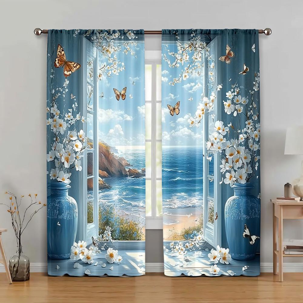 2pc,  Curtain Seaside landscape and white flowers Butterflies Fabric,Without Electricity Versatile for Holiday Family Party