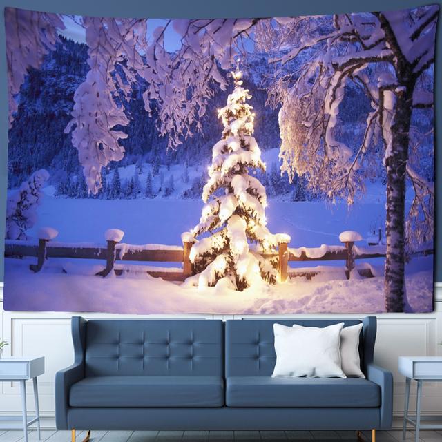 Lce and Snow Christmas Tree Tapestry Psychedelic Forest Hut Wall Hanging Natural Style Holiday Gifts Home Decor