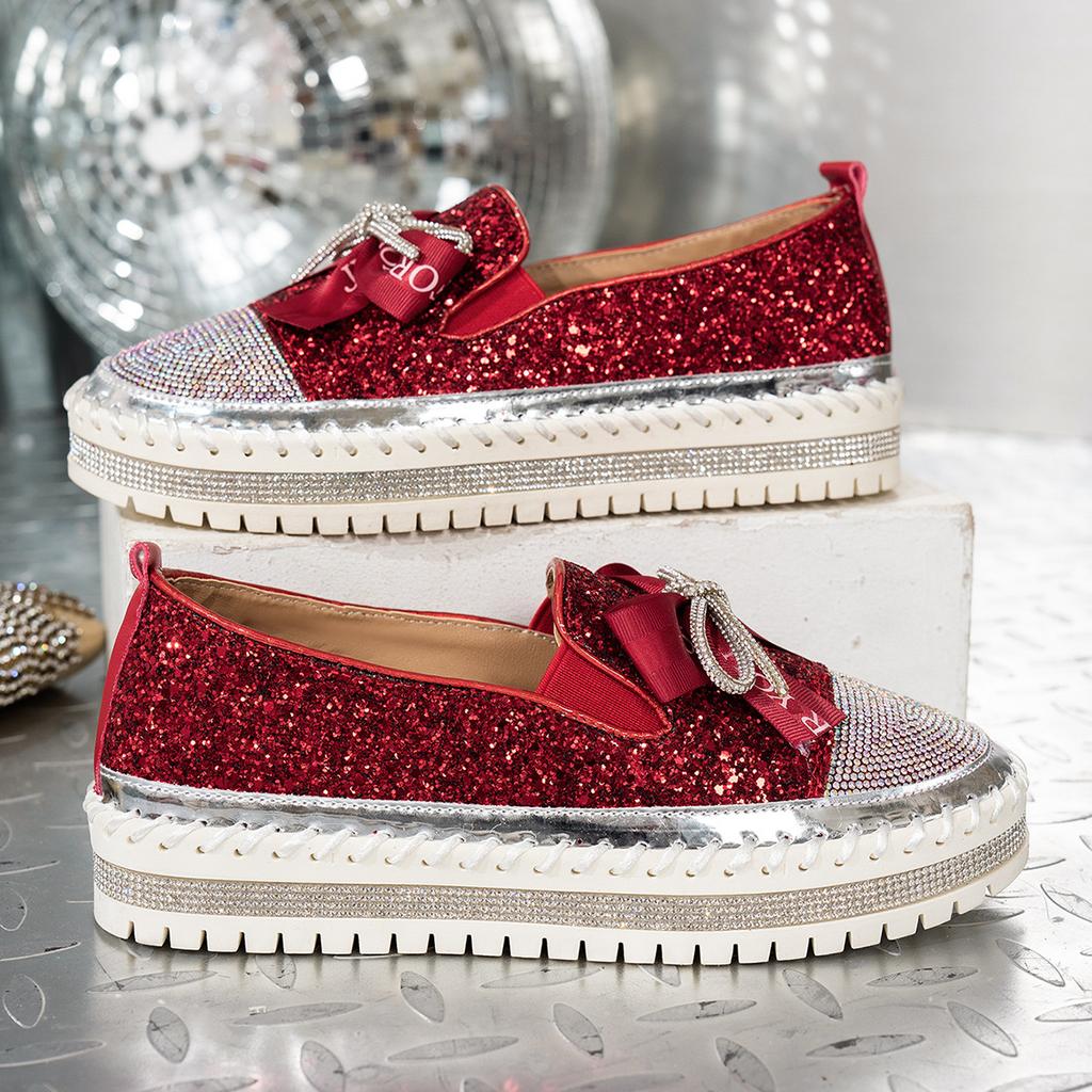 Fashion 35-44 Thick Bottom Rhinestone Bow Mary Jane Shoes Women Flat Shallow Mouth Comfort Casual Shoes Zapatillas De Mujer Loafers 2025