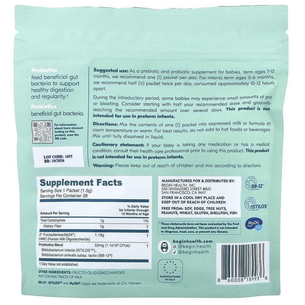 Begin Health, Children's, Beginbaby Prebiotic + Probiotic, 0-12 Months, Unflavored, 28 Packets, 1.5g (0.05oz) Each