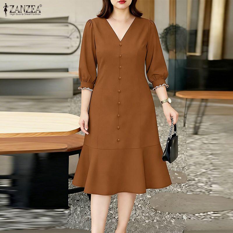 ZANZEA Women Elegant Casual V-Neck Solid Color 3/4 Sleeve Dress