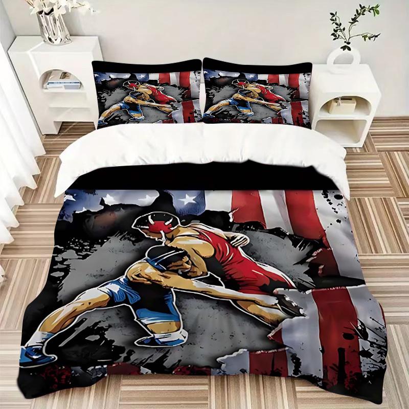 Set Copripiumino 3 Pezzi Scena di Combattimento di Wrestling Anime con Una Federa Copripiumino e Due Federe (Nessun nucleo) - Decorazioni per la Casa, Regalo di Festa, Tessuto in Poliestere, Anime