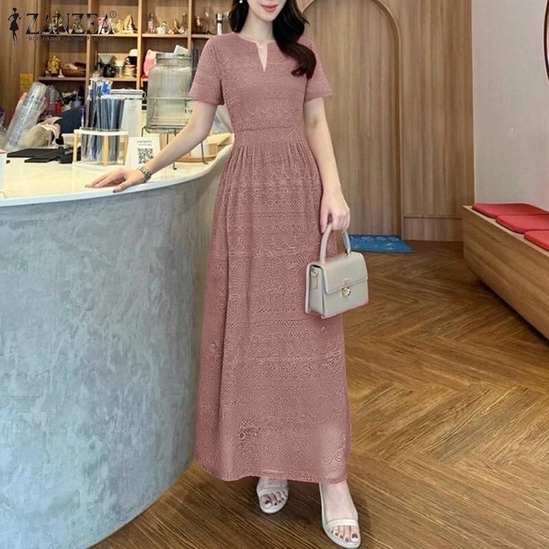 ZANZEA Women Casual V-Neck Summer Short Sleeve Lace Patchwork Dress
