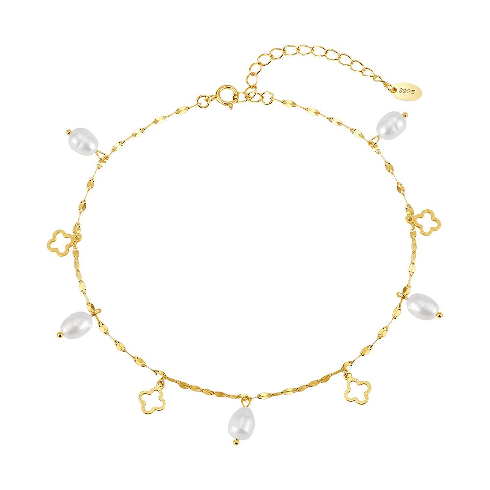 ORSA JEWELS Elegant 925 Sterling Silver Clover Chain Anklets with Pearls for Women Summer Fashion Ankle Bracelets Jewelry SA105