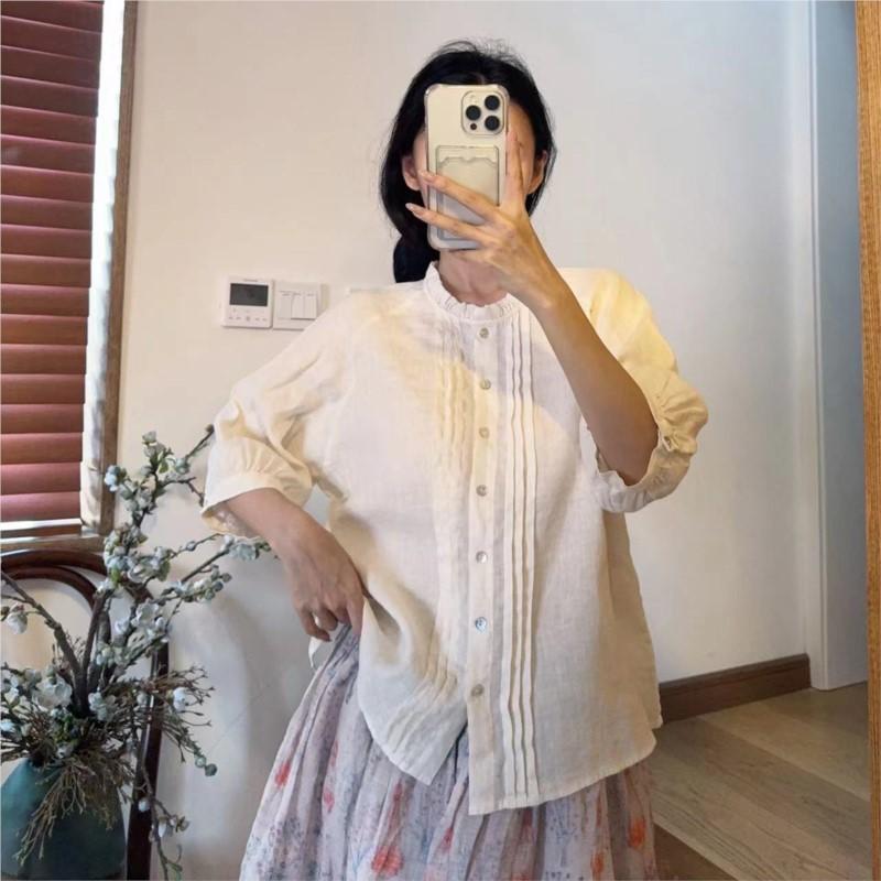 Johnature Koszule letnie Casual Vintage Falbany Kołnierzyk Proste Luźne Jednolity kolor Plisowane Wszystkie Dopasowane Bluzki damskie