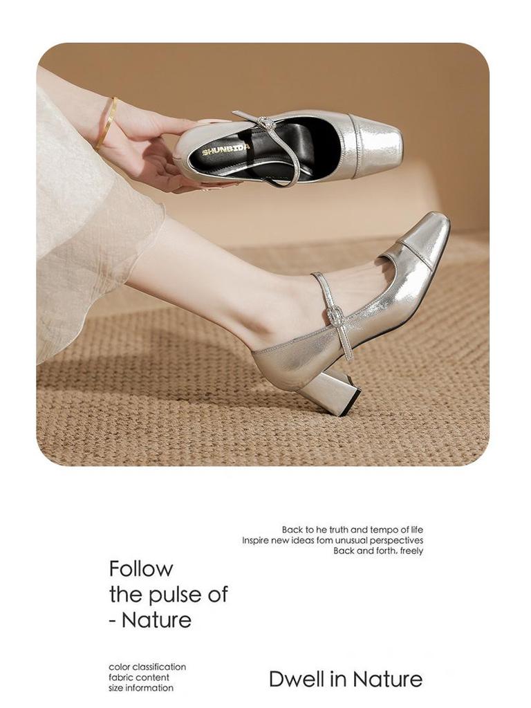 Silver Mary Jane High Heels: Women's Square Toe Retro Chunky Heel One-Strap Shoes for Spring and Autumn.