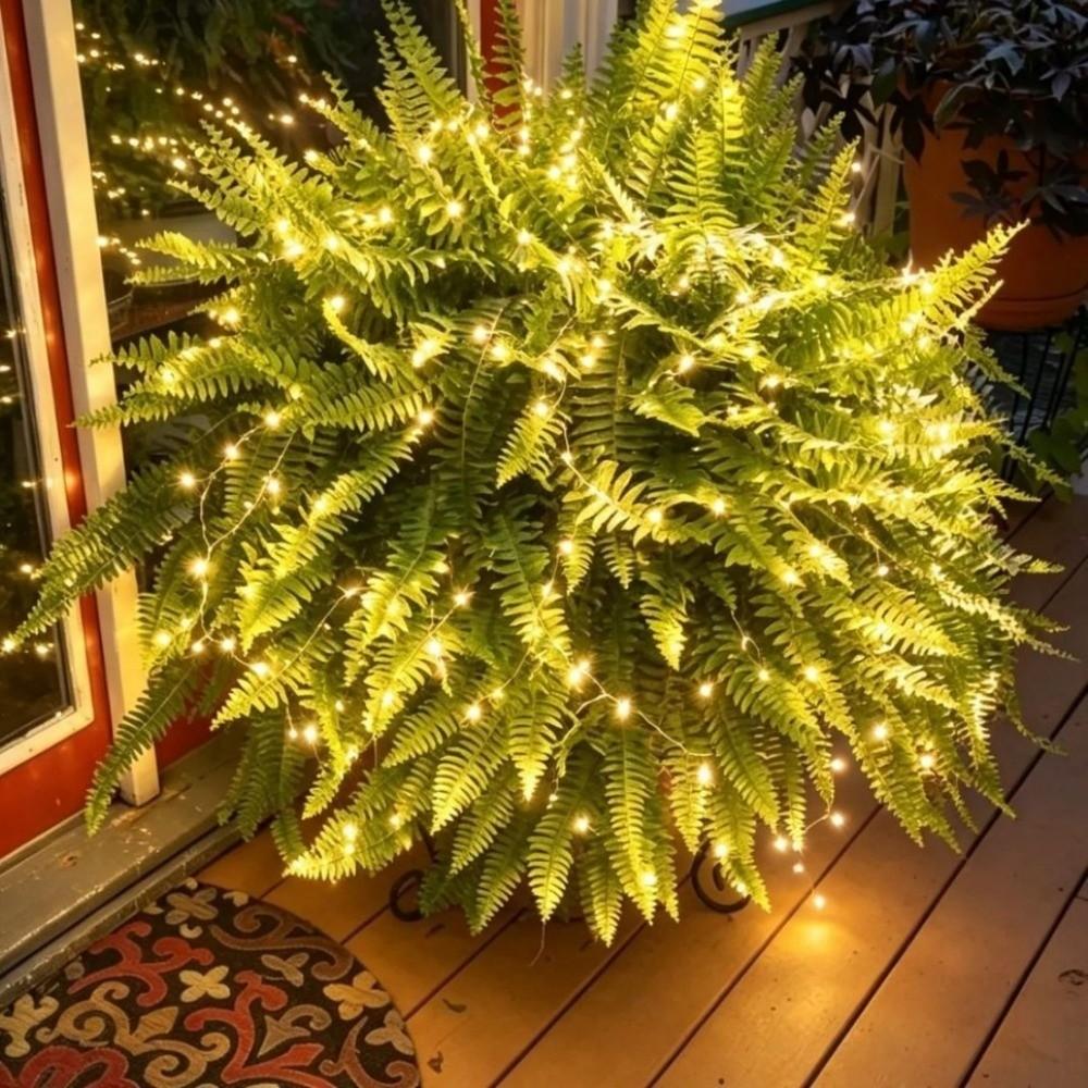 24 Leaves Glowing Boston Ferns with Lights Plastic Warm Light Lighted Boston Fern Plant Long-Lasting Realistic