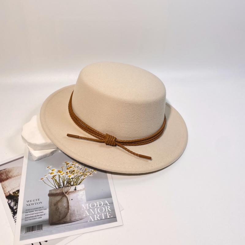 New Leather Rope Flat-top Woolen Top Hat Women's Autumn and Winter Temperament Elegant and Fashionable Versatile Flat-brimmed Felt Hat Men's Stage