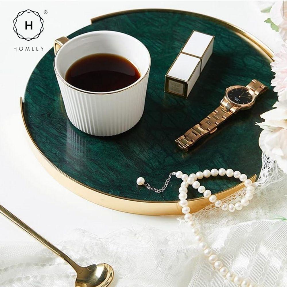 Homlly Round Rectangular Marble tray with Gold Brass Edge