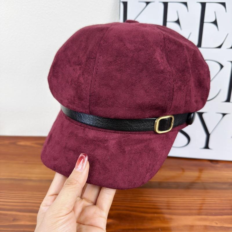 New retro suede octagonal hat children's autumn and winter face small versatile thermal beret metal leather buckle