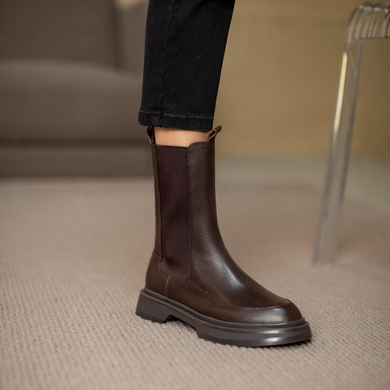 Fashion Hot Genuine Leather Women's Boots Retro British Style Slip-On Chelsea Boots Fashion Ankle Boots Round Toe Flat with Women Shoes
