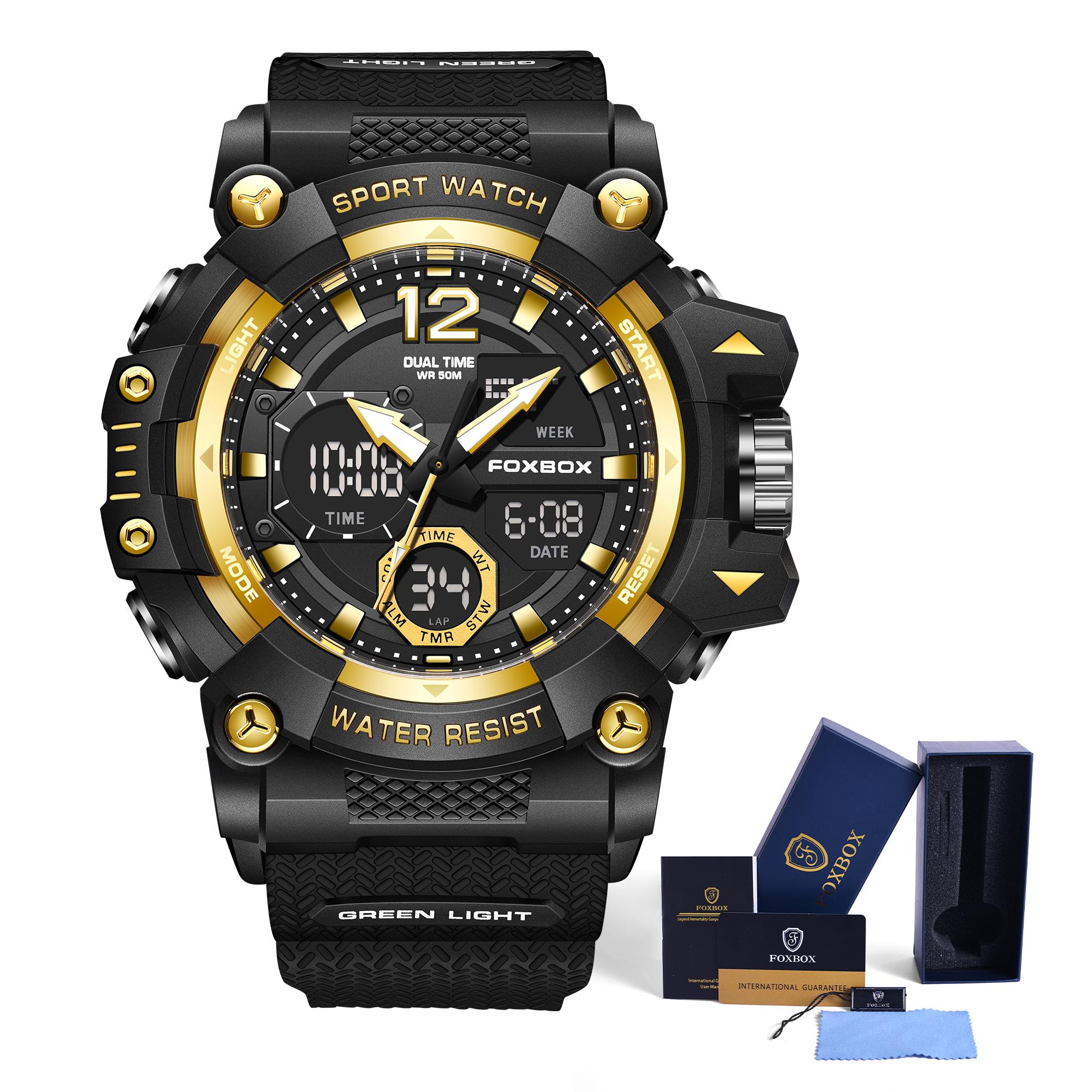LIGE x FOXBOX Брендовые модные мужские часы с цифровым двойным дисплеем, светящиеся водонепроницаемые спортивные часы с будильником чёрный/золотой