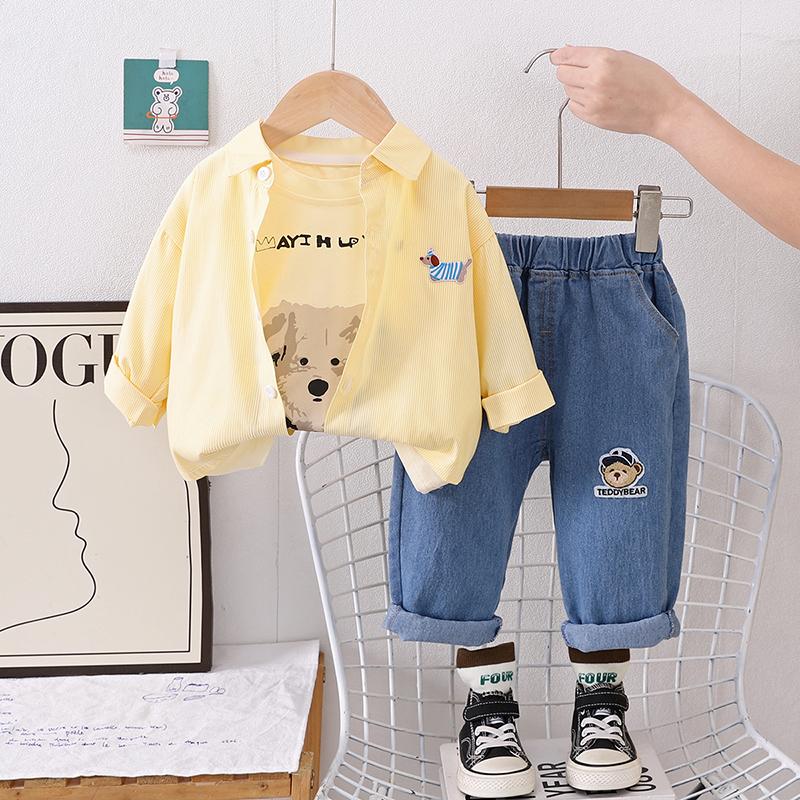 Children's Set Boys' Long Sleeved Striped Shirt Cartoon Dog Top Casual Denim Pants Boys' Fashionable Three Piece Set