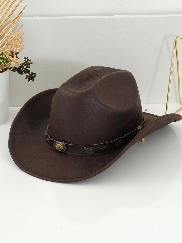 Unisex westernové kovbojské klobouky: Kovové kulaté a boční vzory s přezkovým páskem, ideální na večírky a cestování u táboráku