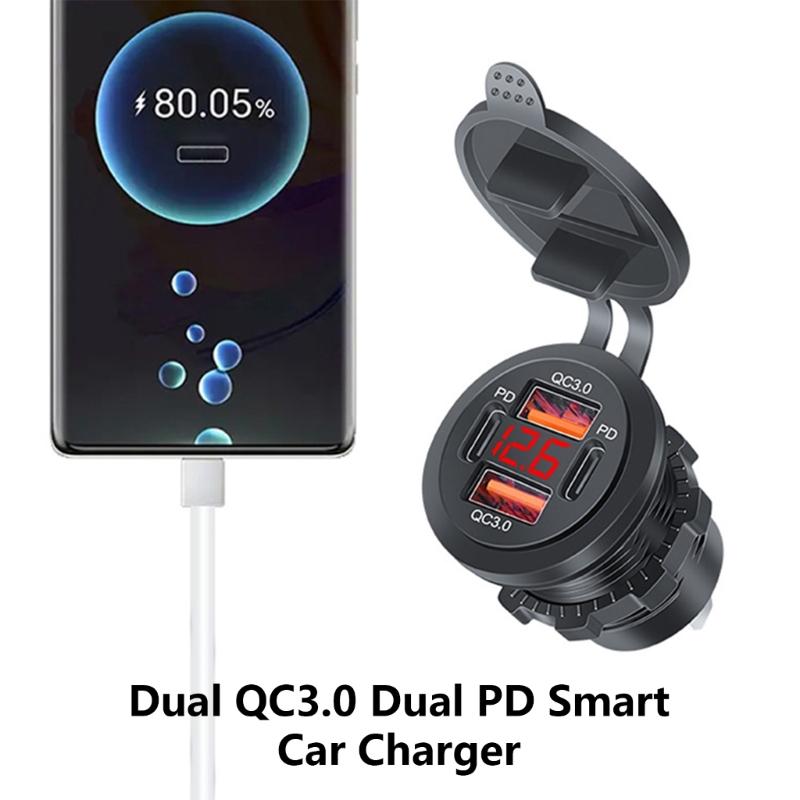 USB Charging Socket 12V-24V USB Power Outlet Double QC3.0+Double PD Type-C Outlet with Caps Voltmeter USB Port for Car
