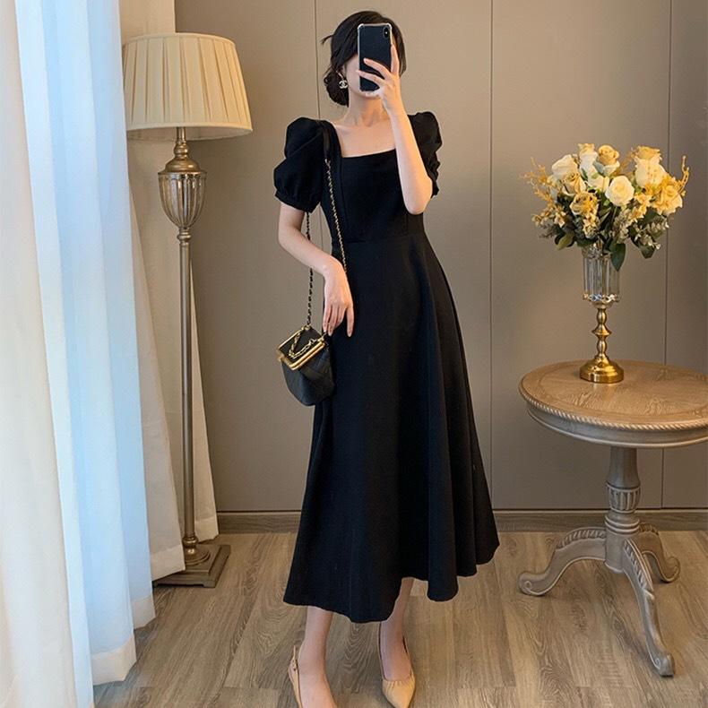 Black dress women's short-sleeved gram new temperament waist and thin square neck knee long dress small black dress