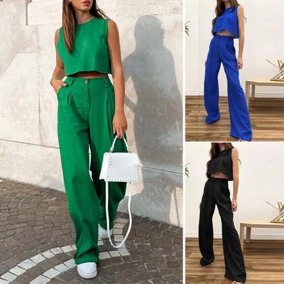 2Pcs/Set O-neck Sleeveless High Waist Casual Outfit Solid Color Short Vest Flare Long Pants Female Clothing