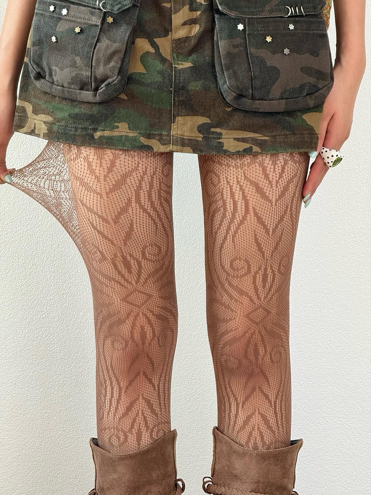 

Y2K Women Hollow Out Fishnet Tights Punk Style Totem Pattern Jacquard Pantyhose Lolita Gothic Wear One Size