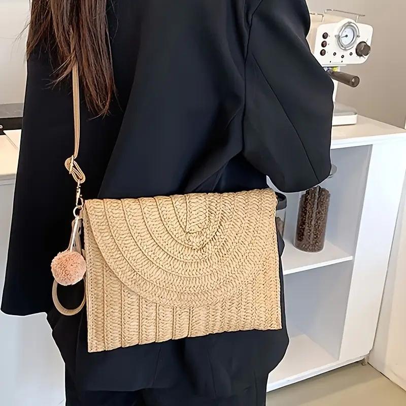 Handmade Straw Beach Shoulder Crossbody Bag Girls Envelope Woven Summer Small Hair Ball Cluth