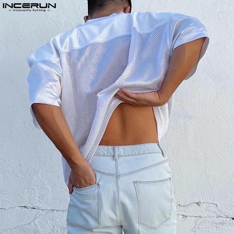 INCERUN Sommer Herren Durchsichtige Buchstabendruck Kurzarm T-Shirts Hohle Tops