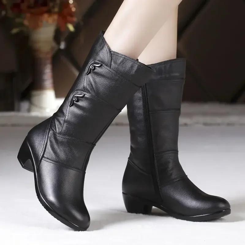 Middle Boots Winter Women's Korean Style Low Heel Solid Color Fleece Warm Plus Size Outdoor Anti-Skid Boots