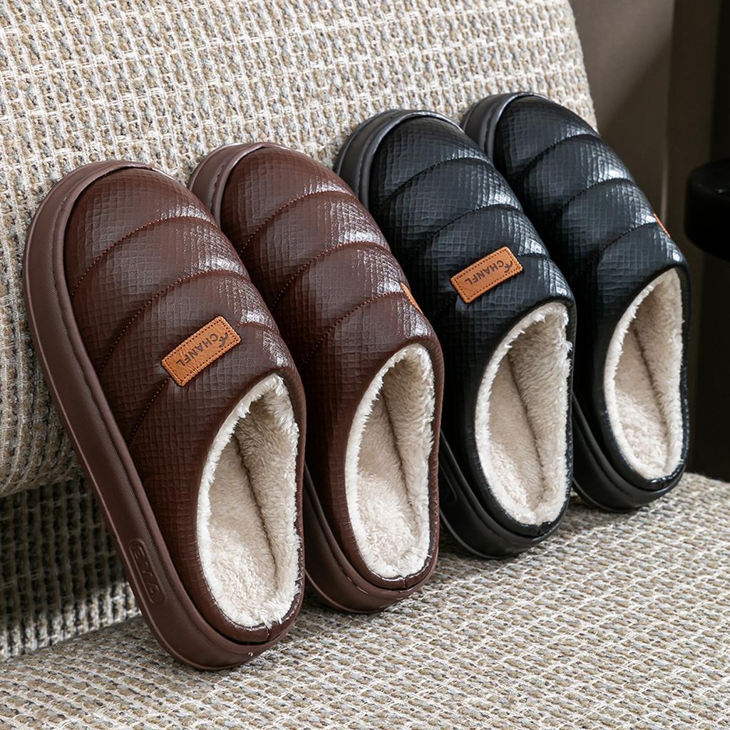 PU Waterproof Cotton Slippers Large Size 2025 New Indoor Home Non-slip Thick Bottom Warm Household Slippers Autumn and Winter
