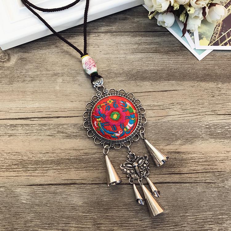 Retro Long Fashion Classical Embroidery Fringed Necklace Temperament Wind Chimes Pendant Miao Sweater Chain Accessories