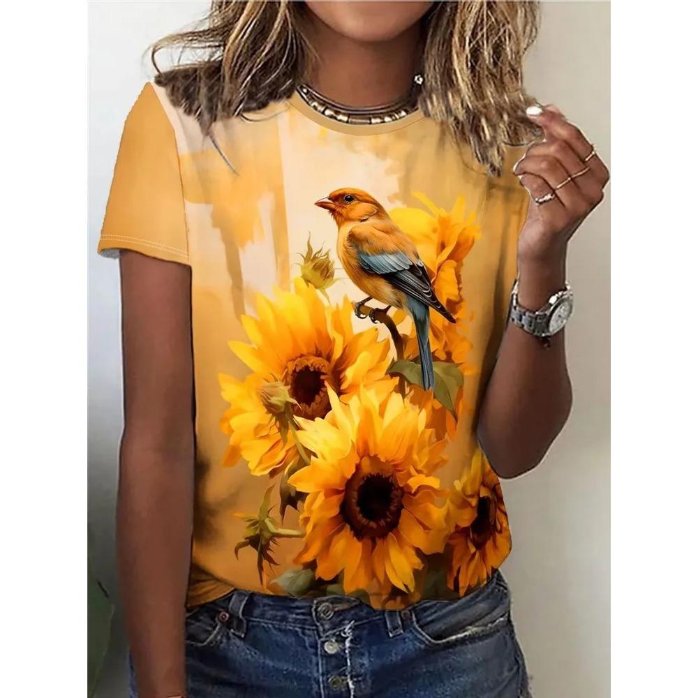 Летняя Модная Футболка Цветок 3D Печать Короткий Рукав Модная Удобная Мягкая Дышащая Большая Свободная Женская Футболка S
