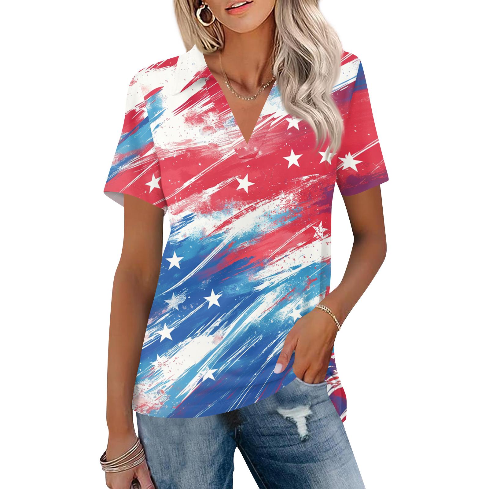 

Women’s Short Sleeve V Neck T Shirt Star Print Loose Fit Casual Top Soft Lightweight Fabric for Everyday Wear M белый
