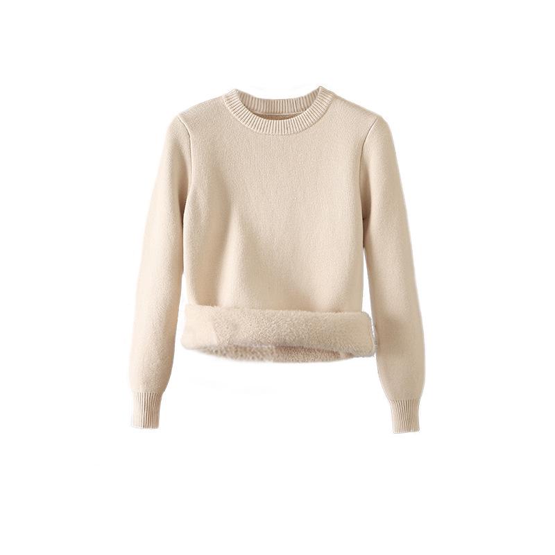 2025 Women's Fleece Knit Round Neck Sweater - Warm, Thick, Plus Velvet One-Piece Base Layer for Autumn/Winter