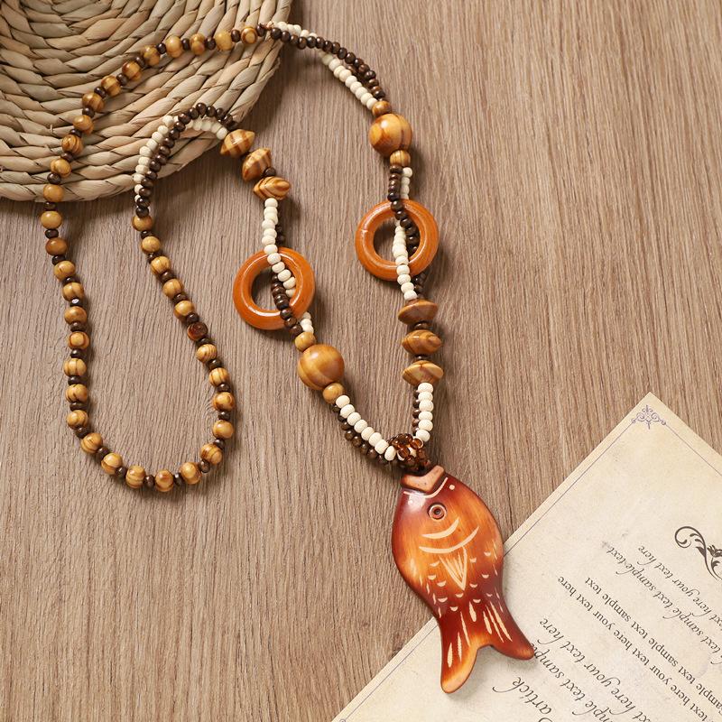 

Деревянное ожерелье из бусин, ретро, литературное, длинная цепочка для свитера, женское, богемное, аксессуары из хлопка и льна, кулон