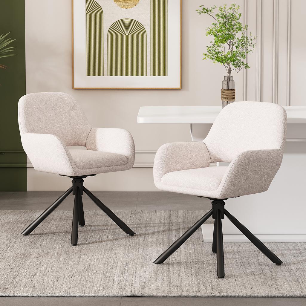 Swivel, Sherpa Fabric, Set of 2, With Armrests, Modern and Simple, Dining Chair, White