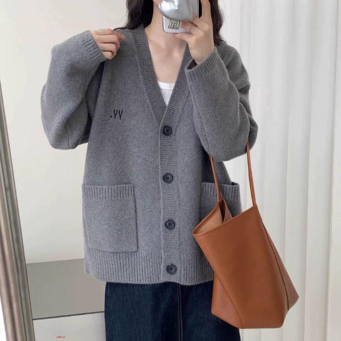 Women's Retro Embroidered V-neck Knit Cardigan - Korean Style Autumn/Winter Casual Loose Fit Sweater